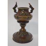 A Japanese metal alloy koro, or other vessel, with cloud handles, 19cm high,