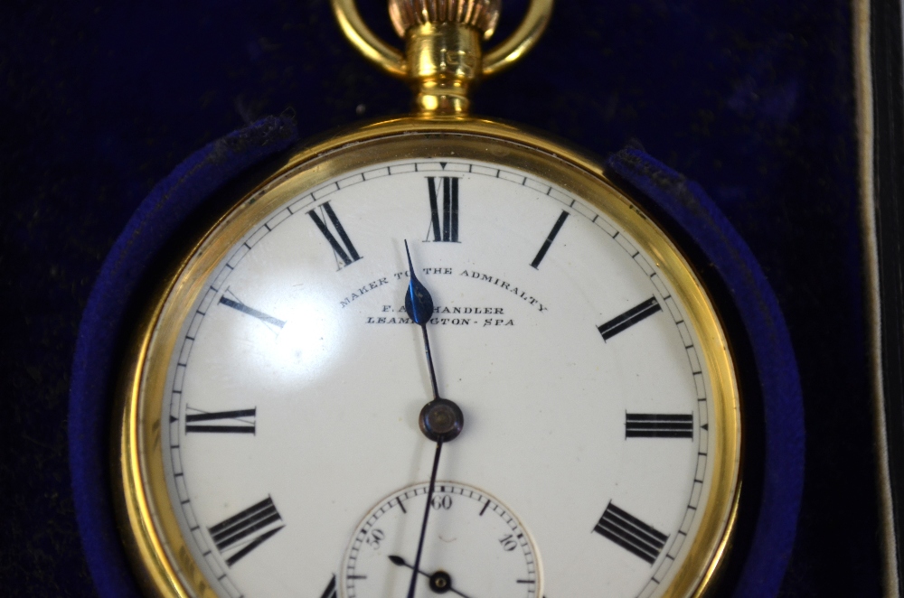 An Edwardian 18ct gold open faced pocket watch with top-wind English movement and enamel dial, - Image 3 of 7