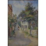 E M Hunt - A village lane with figures and white cat, watercolour, signed lower left,