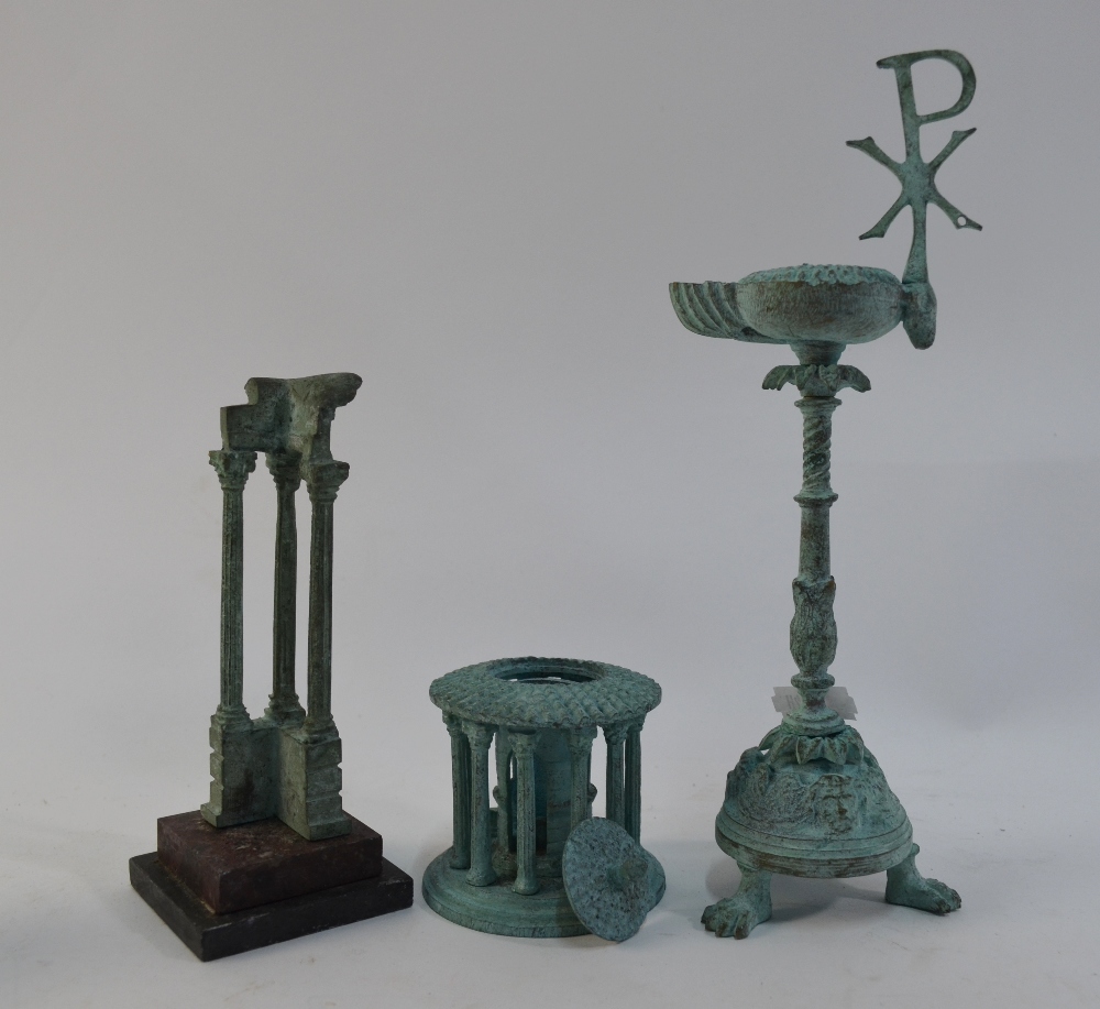 Six various verdigris-patinated bronze reproduction Roman oil lamps to/w a similar miniature ruined - Image 3 of 4