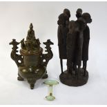 A Yueh-yao style/olive- green glazed monochrome incense burner and domed cover with seated scholar