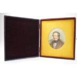 A Victorian watercolour portrait miniature on paper of a gentleman in chequered waistcoat, unsigned,