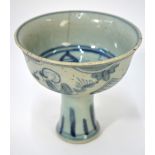 Two pieces of blue and white ceramics, comprising: a stem cup with circular bowl,
