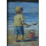English school - A set of four vignettes of children playing at the edge of the sea, oil on board,