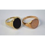 Two 9ct signet style rings, one set onyx (size I) and one engraved with initials (size K), approx 5.