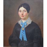 French school - A pair of companion portraits of a lady in lace collar with blue ribbon bow and a