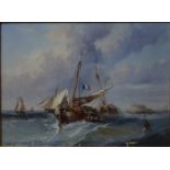 French school - A naval engagement, Martello tower in distance, oil on canvas,