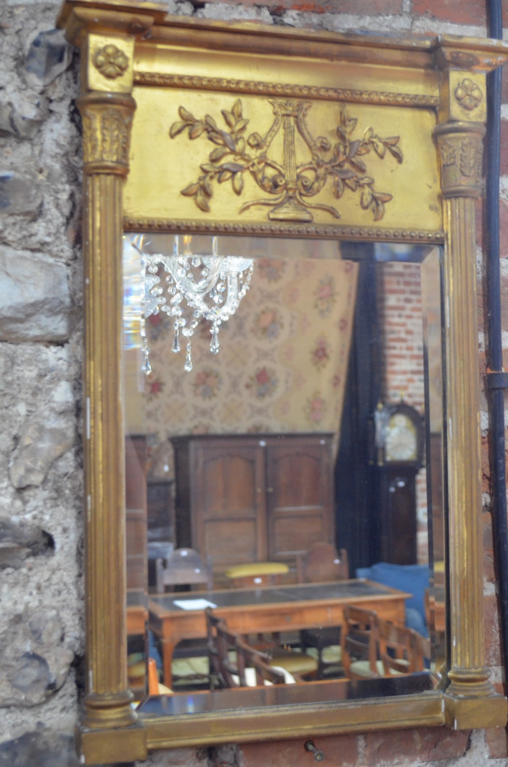 A small Regency gilt-framed pier glass with cornice tip and reeded pilasters, - Image 2 of 3