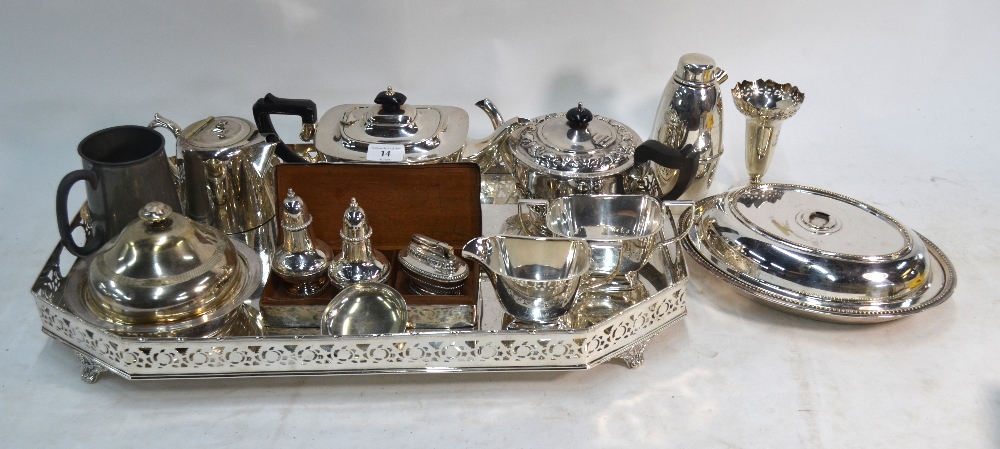 A large electroplated wine tray with pierced gallery, to/w a three-piece tea service, - Image 2 of 2