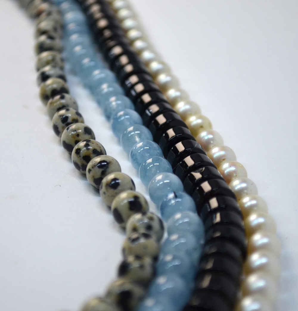 Three rows of beads without snaps, including blue dyed rock crystal, black agate, - Image 3 of 12