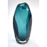 Leerdam Unica cased glass elliptical tapering vase, green/blue,