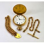 A gilt metal Hunter pocket watch to/w curb bracelet stamped 9ct with 9ct padlock and gilt metal