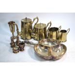 An EP four piece tea/coffee service, a trefoil nut dish, condiment set, caddy spoon etc.