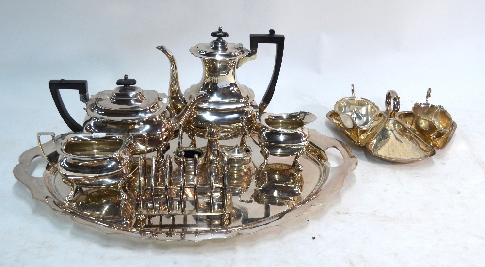 A Walker & Hall epns five-piece tea/coffee service on tray, and electroplated trefoil nut dish, - Image 4 of 4