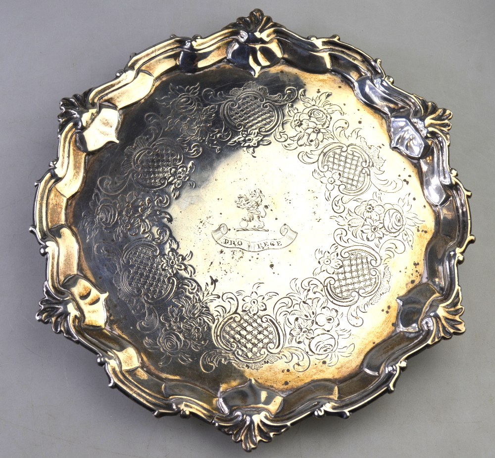An early George III Scottish silver card salver with shell and scroll rim,
