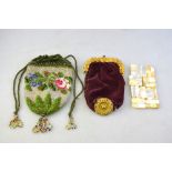A Victorian floral beaded reticule to/w velvet reticule having pinchbeck base and frame (2)