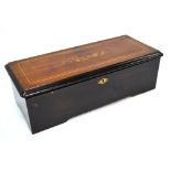 A late 19th century cylinder music box, rosewood and ebonised, the 15.