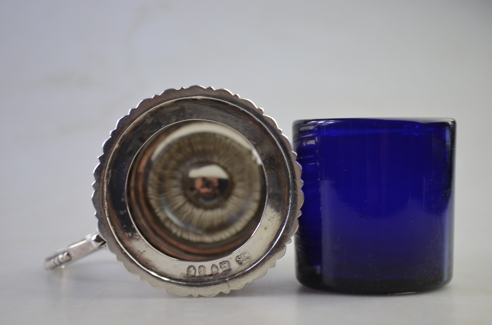 A Victorian silver mustard of reeded drum form with domed cover, beaded handle and blue glass liner, - Image 4 of 5
