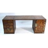 A Japanese parquetry travelling table-top chest/desk in three sections,