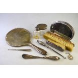 Two silver mirrors, toilet jars, button hooks and shoe horn, sports medallion, etc.