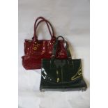 A Russell & Bromley red patent shopper with gilt detail, a Jaeger green patent tote bag,