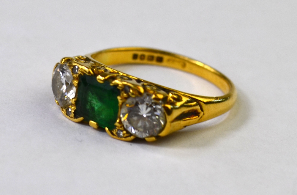 An emerald and diamond three stone ring, 18ct yellow gold carved setting, - Image 2 of 4