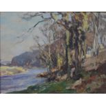 Owen Bowen (1873-1967) - Landscape with trees beside a river, oil on canvas, signed lower right,
