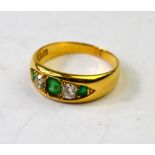 An emerald and diamond five stone ring, 18ct yellow gold boat shaped setting,