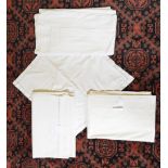Three French vintage linen and cotton sheets with drawn-thread work to top edges,