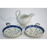 A pair of English blue and white egg drainers, each one of typical circular and reticulated form,