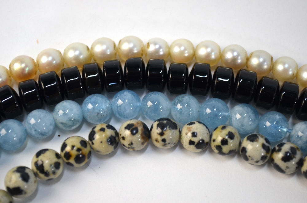 Three rows of beads without snaps, including blue dyed rock crystal, black agate, - Image 5 of 12