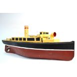 A painted tinplate model cruise-ship with live steam engine 105 cm long (circa 1920s)