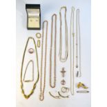 A collection of six various chain necklaces, Identity bracelet, earrings, cross etc, mostly 9ct,