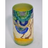 Clarice Cliff Bizzare small tapered vase, painted in the Rhodanthe pattern, 'Viscaria' colourway,