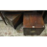 A pair of Oriental style brass bound square oak storage boxes with removable lids,