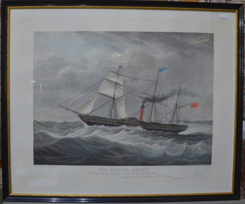 Hand-coloured engraving 'The British Queen, on her first voyage from London to New York',