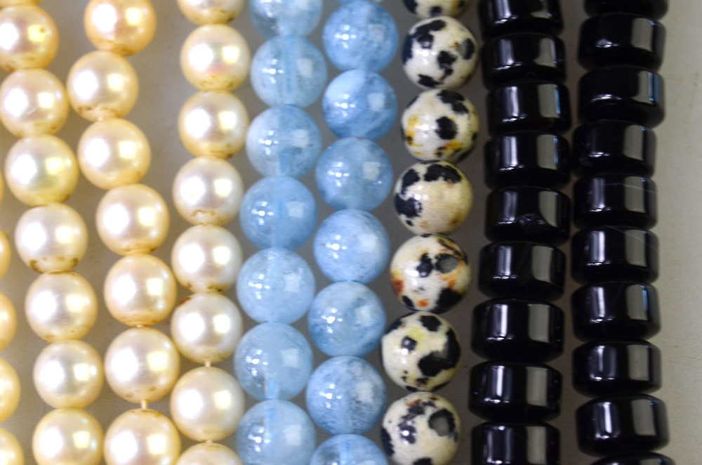 Three rows of beads without snaps, including blue dyed rock crystal, black agate, - Image 11 of 12