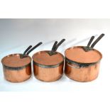 A graduated set of three large copper saucepans and covers with wrought iron handles, 30,
