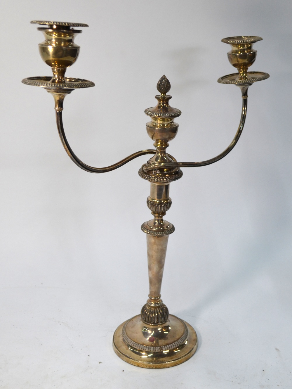 A large plated on copper twin-branch candelabrum with three sconces, - Image 6 of 9