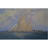 ** Brian J Jones (b 1965) - 'White Heather II leading Britannia in Osborne Bay', oil on canvas,