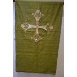 A green brocade altar cloth and three wool-worked tapestry panels (for seat upholstery)
