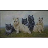 English school - Pack of black and white Cairn terriers in a natualistic setting, oil on canvas,