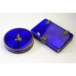 A French guilloche blue enamel rectangular box with marcasite set hinge and clasp,