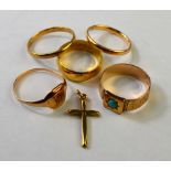 Lot containing three 9ct rings, one set with turquoise, small cross and unmarked gold signet ring,