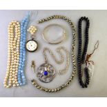 Three rows of beads without snaps, including blue dyed rock crystal, black agate,
