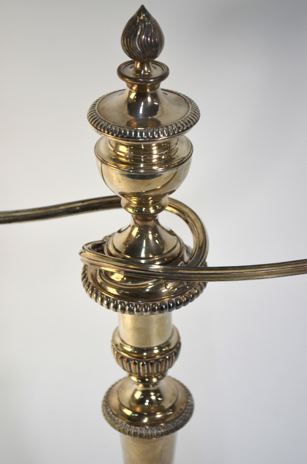 A large plated on copper twin-branch candelabrum with three sconces, - Image 4 of 9