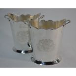 Pair of oval silver plated wine coolers with etched design on sides