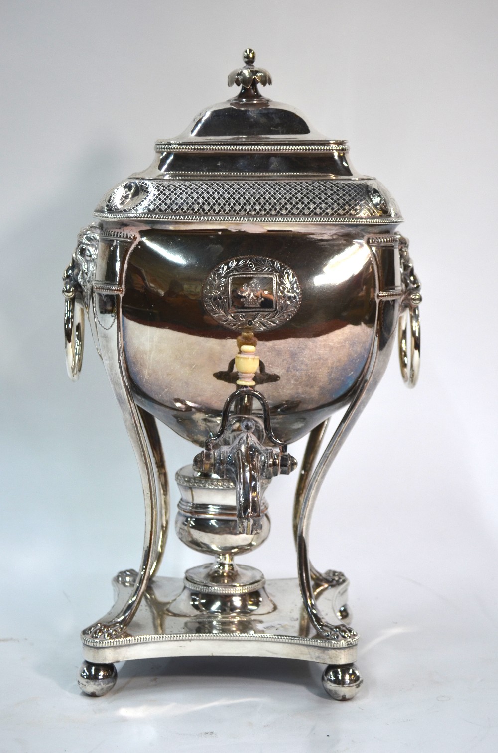 A Regency Old Sheffield Plate tea urn and cover with lion-mask and ring handles, - Image 2 of 4