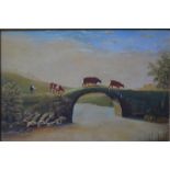 English school - Cows crossing bridge, oil on canvas,