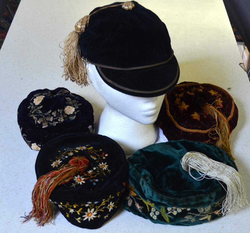 Five early 20th century smoking hats comprising; a black velvet floral embroidered hat with tassel, - Image 2 of 6